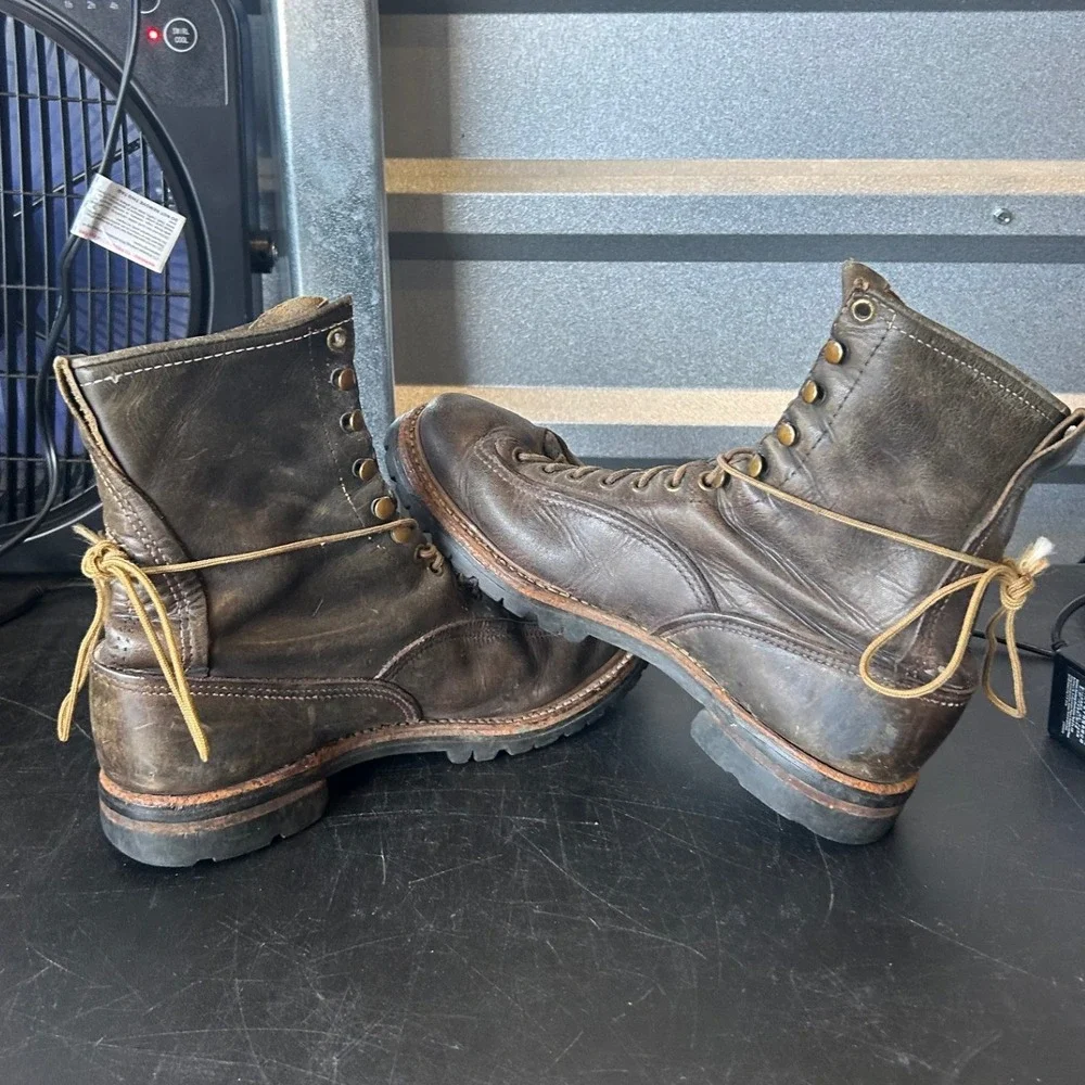 Vintage Brown Leather Logger Work Boots Vibram Montagna Lug Mens 12in Outsole